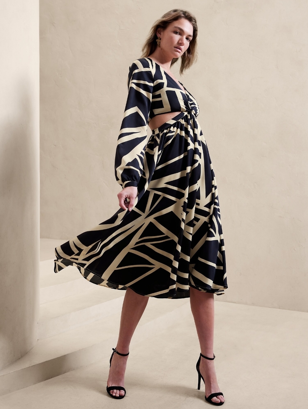 Banana Republic; Navy & Cream Abstract Midi Dress with Twist Front
